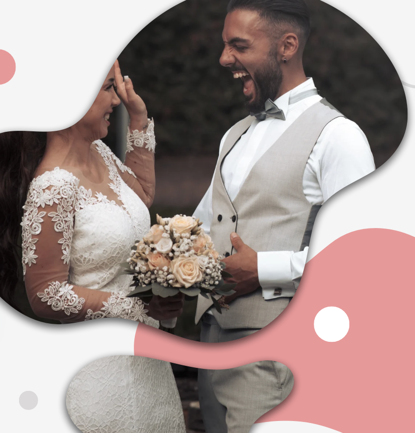 Bride and groom just got married taking photos for their wedding website